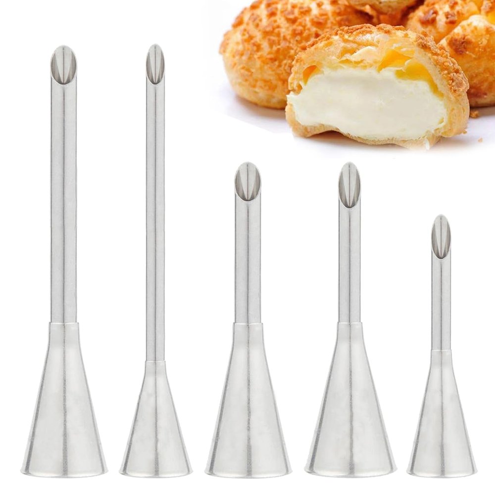 5 Pcs/Set Cream Puff Icing Piping Nozzle Tips, BetterJonny Stainless Steel Long Puff Nozzle Tip Decorating Tools Cake Piping Nozzles Pastry Icing Piping For Baking Cakes Pastries of Various Shapes