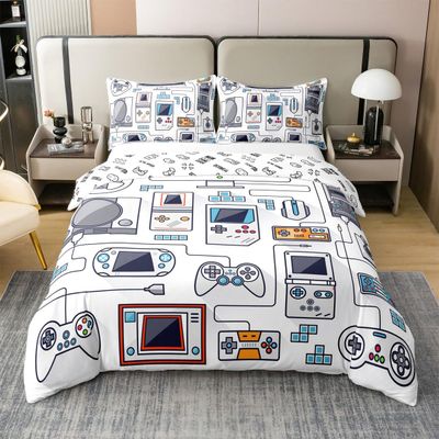 Erosebridal 100% Cotton Gamer Bedding Sets for Boys,Gaming Duvet Cover Set Queen Size Video Games Comforter Cover,Gamepad Designs Bed Teen Boys Bedroom,Joystick Controller,3 Pcs with 2 Pillow Shams