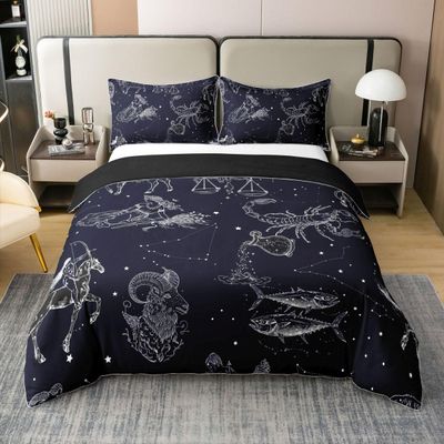 100% Cotton Constellation Comforter Cover Starry Sky Bedding Set Zodiac Signs Print Duvet Cover Navy Blue Room Decorative Quilt Cover, Lightweight 1 Duvet Cover with 1 Pillow Sham Twin Size
