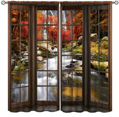 AuiMzoo Forest Blackout Curtains, Windows Outside 3D Waterfall Forest Natural Landscape for Bedroom Living Room, 2 Panel Set,63X72 Inch, Style-2