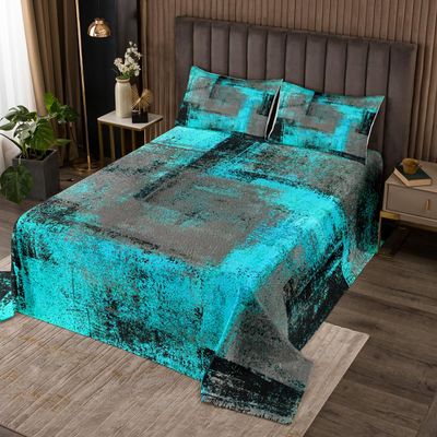 Turquoise And Grey Bedspread Set King Retro Teal Ombre Quilt Set For Kids Adults Watercolor Aqua Black Dark Gray Tie Dye Coverlet Set Abstract Art Bed Set Aesthetic Room Decor 2 Pillow Cases