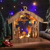 Bucherry Wooden Nativity Scene Set Christmas Nativity Scene Tabletop Set Christmas Ornament Christian Religious Rustic Decorations with LED Light for Shelves Tables Decorations Indoor Decor(Hut) view 1
