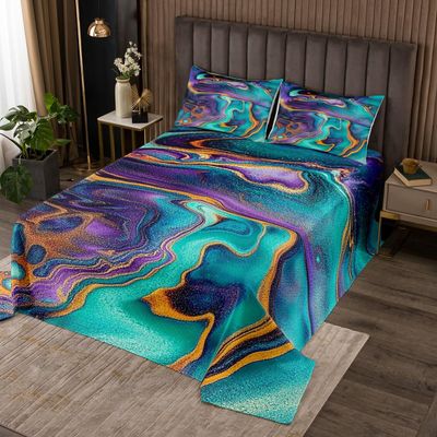 Erosebridal Abstract Fluid Marble Bedspread Set King Turquoise and Golden Color Quilt Set for Adults Men Women Cerulean Blue Ombre Coverlet Set Purple Lines Bedding Set 2 Pillow Cases Home Room Decor