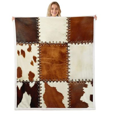 Brown Cowhide Throw Blanket for Bed Chair,Cattle Wild Highland Cow Print Blanket,Rustic Farm Animal Skin Fur Fleece Blanket 60"x80",Vintage Patchwork Bed Blanket Southwestern Boho Exotic Decor