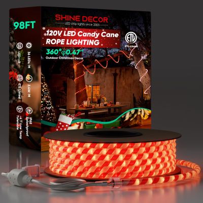 Shine Decor LED Rope Light, Outdoor Candy Cane Rope Lighting -4F Cold Resistant IP65 Waterproof, 120V 98 FT Connectable Cuttable ETL Listed Warm White Red White Splice Light Strip for Christmas
