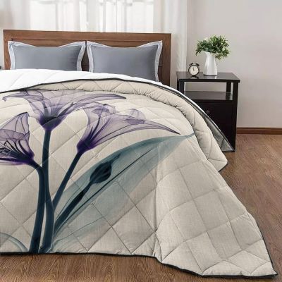 Quilt Queen Size Luxury Quilted Comforter Bedspread-Thin Soft Cozy, Abstract Transparent Purple Lilies Cotton and Linen Texture Reversible Stitched Summer Lightweight Quilt Coverlet for All Season