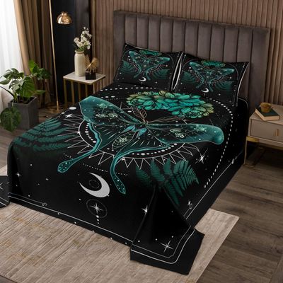 Castle Fairy Moth Quilt Bedding Set Queen Size,Boho Stars Moon Space Leaves Plant Bedspread Coverlet for Girls Teens,Gothic Animal Galaxy Soft Polyester Quilt Set, All Season
