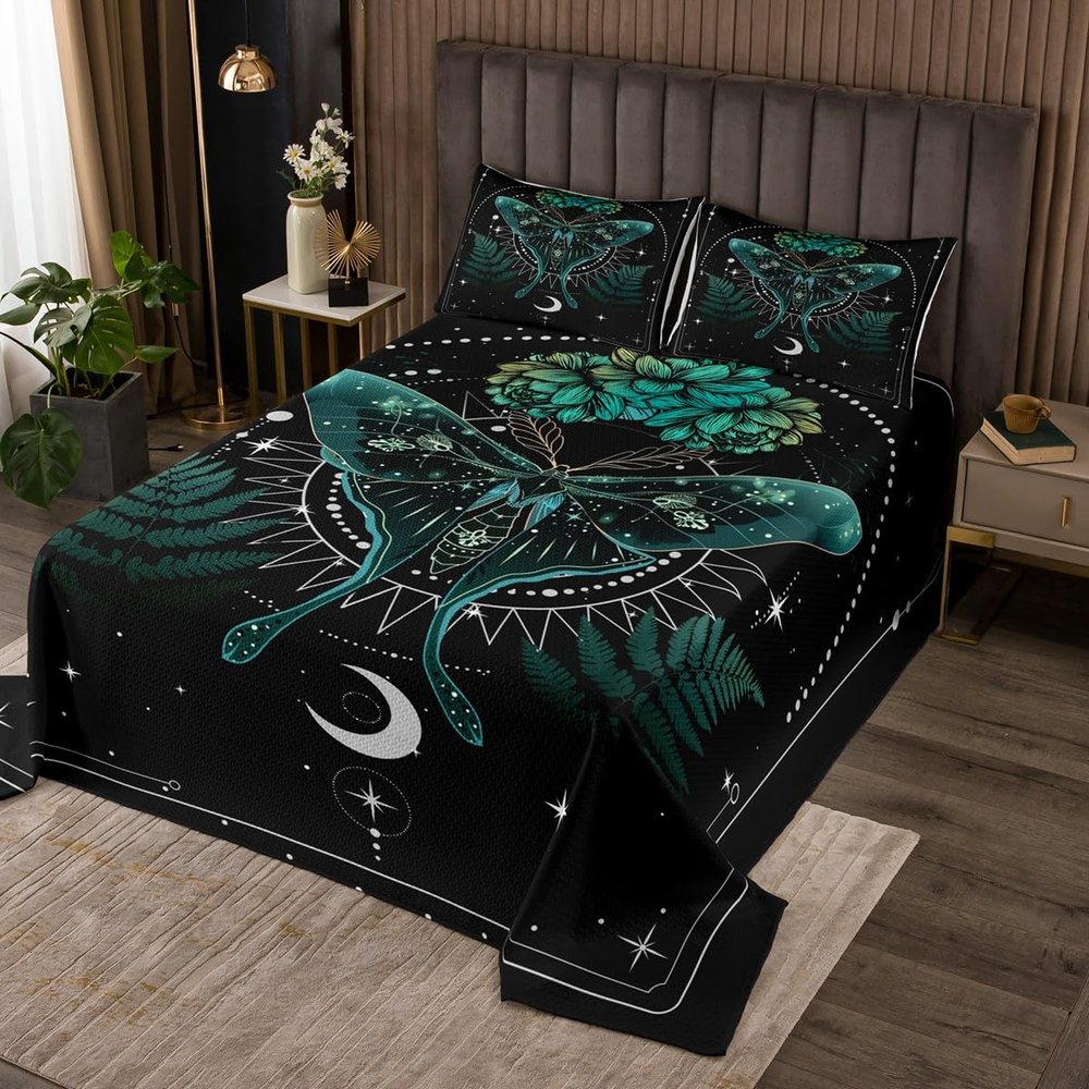 Castle Fairy Moth Quilt Bedding Set Queen Size,Boho Stars Moon Space Leaves Plant Bedspread Coverlet for Girls Teens,Gothic Animal Galaxy Soft Polyester Quilt Set, All Season