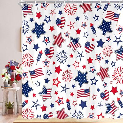 4th of July USA Flag Shower Curtain, Veterans Day Independence Patriotic Day Shower Curtain Set, Blue Red Stars Waterproof Fabric Shower Curtain for Bathroom Decorations with 12pcs Hooks 70X70IN