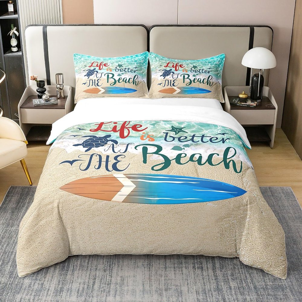 100% Cotton Nautical Ocean Themed Duvet Cover King,Summer Beach Bedding Set for Youth,Surfboard Sea Turtle Starfish Seagull Comforter Cover,Tropical Sealife Bed Sets with 2 Pillowcases Camping Decor