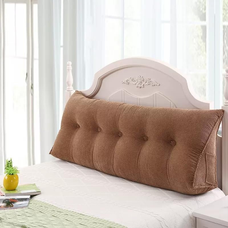 Large Bolster Triangular Headboard Pillow Corduroy Support Backrest Bed Rest Reading Pillow Lumbar Positioning Upholstered for Sitting in Bed,Brown,Queen:59inch/150cm