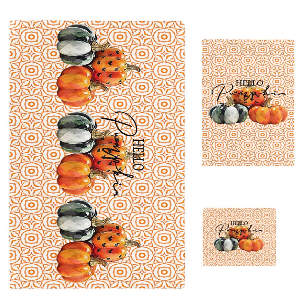 3 Piece Bath Towel Set, Hello Pumpkin Towels Set for Bathroom Soft Bath Shower Towels Absorbent Bathroom Towels Set ( 1 Bath Towel, 1 Hand Towel, 1 Washcloth ) Watercolor Fall Orange Lines Painting
