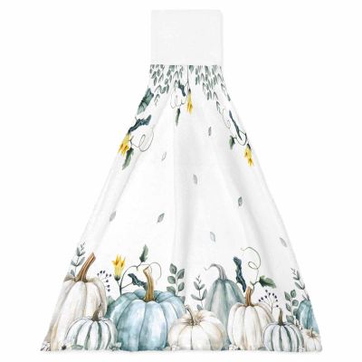 BOBOWUNY 1 Pcs Hanging Kitchen Hand Towels, Thanksgiving Super Soft Microfiber Tie Towels Aborbent Washcloth for Bathroom Oven Tea Bar Teal Grey Pumpkin Green Leaves Fall