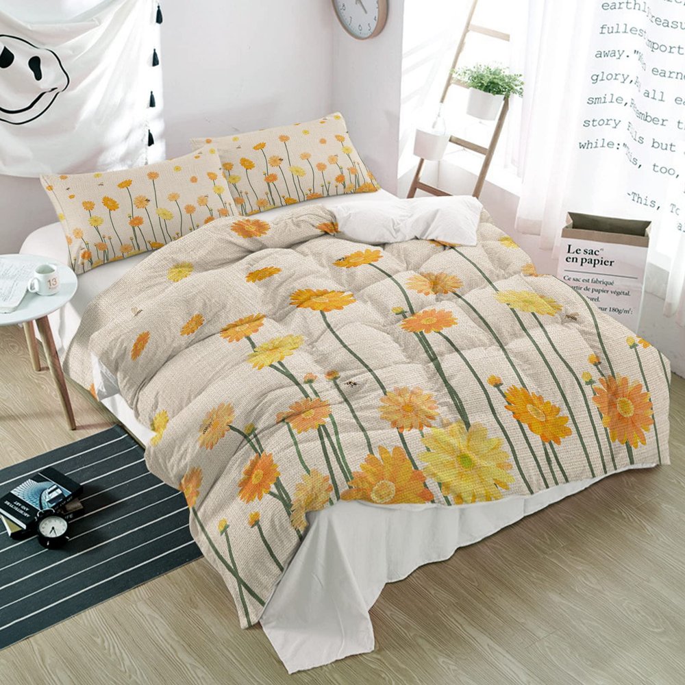 3 Piece Bedding Set,Daisy Floral Summer Flowers Retro Linen Breathable Duvet Cover Super Soft Pillow Shams,Farm Bee Plant Washable Bed Sets All Seasons for Bedroom Dorm Hotel RV