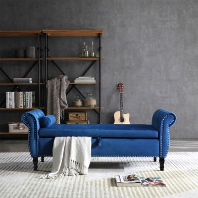 Holaki End of Bed Storage Bench,63" Velvet Ottoman Bench Upholstered Rolled Arm Storage Window Bench Sofa Stool with Nailhead Trimmed and Pillow Solid Wood Legs Entryway Bench Seat for Bedroom(Blue)