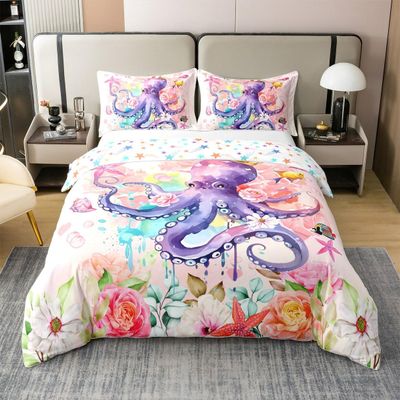 Colorful Tie Dye Octopus Cotton Duvet Cover Full Cute Watercolor Starfish Wild Sealife Bedding Set for Teens Adults Dreamy Girly Rose Rustic Flowers Comforter Cover with 2 Pillowcases(No Comforter)