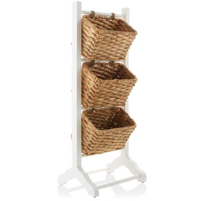 Casafield 3-Tier Floor Stand with Water Hyacinth Storage Baskets, White/Natural - Standing Organizer Rack for Bathroom, Kitchen, Laundry, Living Room