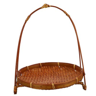 Bamboo Snack Stand Woven Hamper Veggie Tray Woven Storage Seagrass Rattan Basket Willow Basket Serving Tray Bamboo Weaving Light Brown with Handle Food