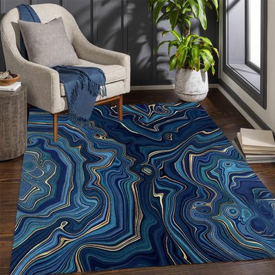 Navy Gold Marble Striped Modern Abstract Area Rug for Living Room Bedroom Lux Art Decor Aesthetic Carpet Under Dining Table Beside Chair Office Kitchen Patio Rug 4x6