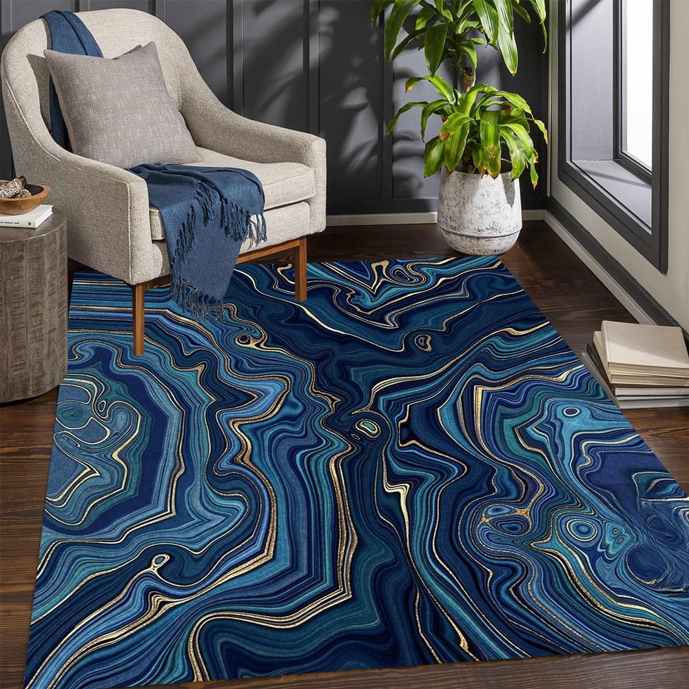 Navy Gold Marble Striped Modern Abstract Area Rug for Living Room Bedroom Lux Art Decor Aesthetic Carpet Under Dining Table Beside Chair Office Kitchen Patio Rug 4x6