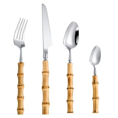Bamboo Flatware Set, 64 Piece Bamboo Silverware Set for 16, Natural Bamboo Handle Cutlery Utensils, Hand Crafted Bamboo Dinnerware Tableware Set, Mirror Finished (64-Piece for 16)