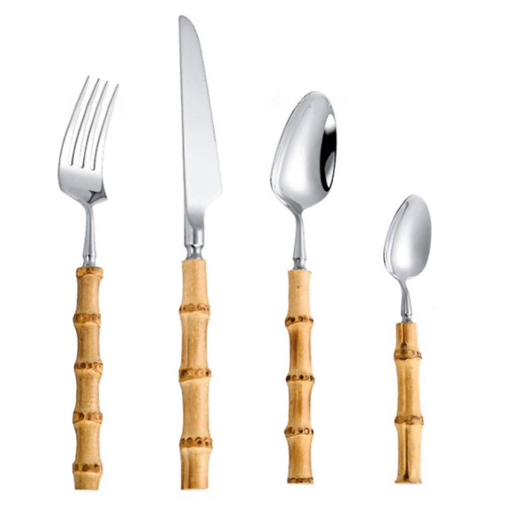 Bamboo Flatware Set, 64 Piece Bamboo Silverware Set for 16, Natural Bamboo Handle Cutlery Utensils, Hand Crafted Bamboo Dinnerware Tableware Set, Mirror Finished (64-Piece for 16)