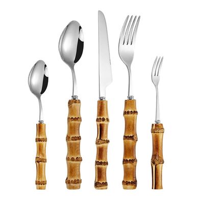 80 Piece Bamboo Silverware Set for 16, 18/10 Stainless Steel Bamboo Handle Flatware Set, Natural Bamboo Cutlery Utensils, Hand Crafted Bamboo Dinnerware Tableware Set (80-Piece for 16)