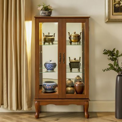 Royard Oaktree Lighted Curio Cabinet with Adjustable Glass Shelves, Mirrored Back Panel & Tempered Glass Doors Vintage 3-Tier Accent Display Cabinet for Home Office,Oak