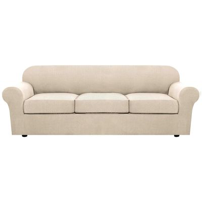 4 Piece Stretch Sofa Covers for 3 Cushion Couch Covers Furniture Slipcovers for Living Room (1 Base Cover Plus 3 Seat Cushion Covers) Thicker Jacquard Fabric Cover (XL Sofa, Natural)