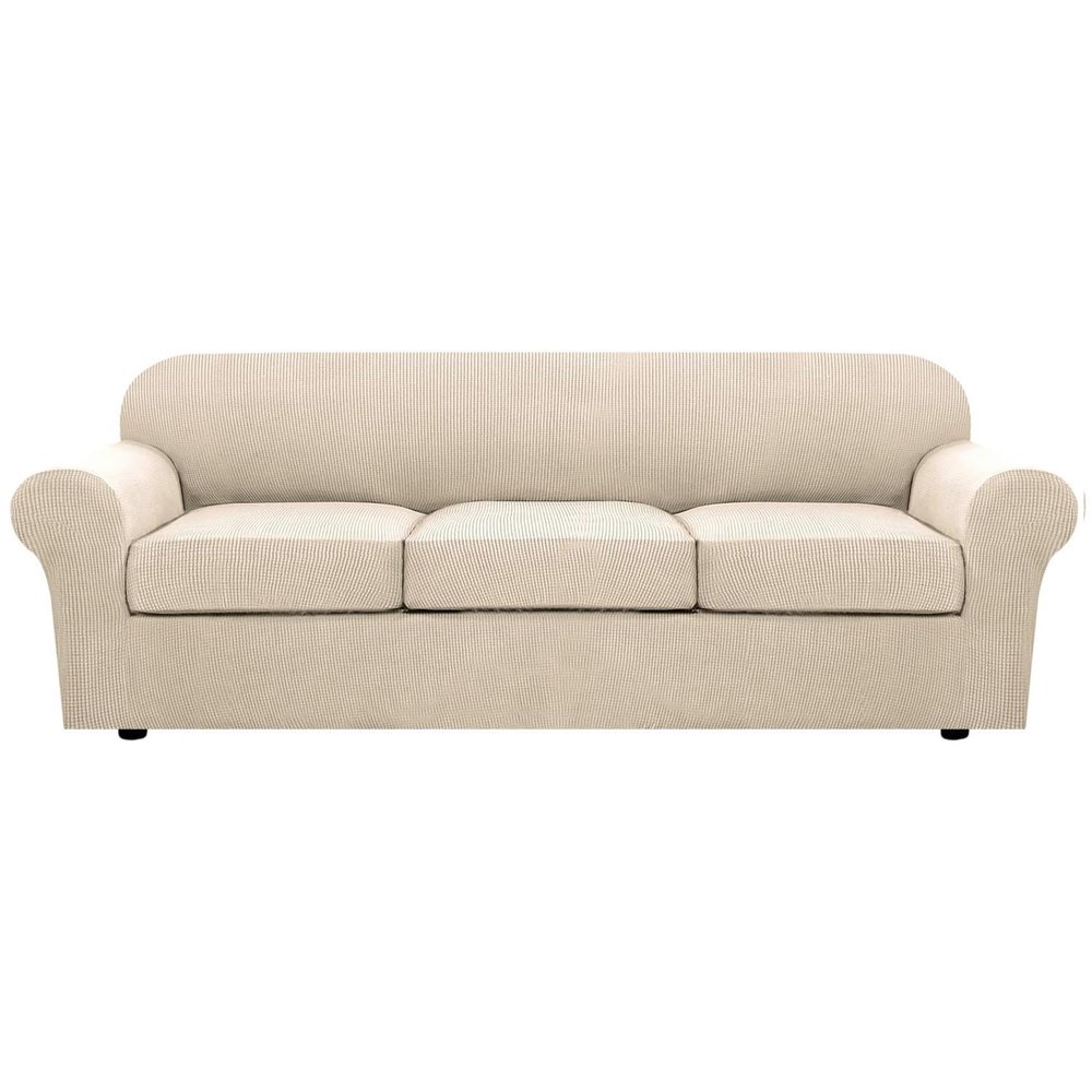 4 Piece Stretch Sofa Covers for 3 Cushion Couch Covers Furniture Slipcovers for Living Room (1 Base Cover Plus 3 Seat Cushion Covers) Thicker Jacquard Fabric Cover (XL Sofa, Natural)