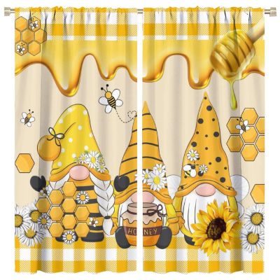 SENQIAN Spring Gnome Bee Curtains Cartoon Yellow Flower Honey Art Printed Rod Pocket Blackout Window Drapes for Bedroom Living Room Kitchen Cafe Decor W42xL84in 2 Panels