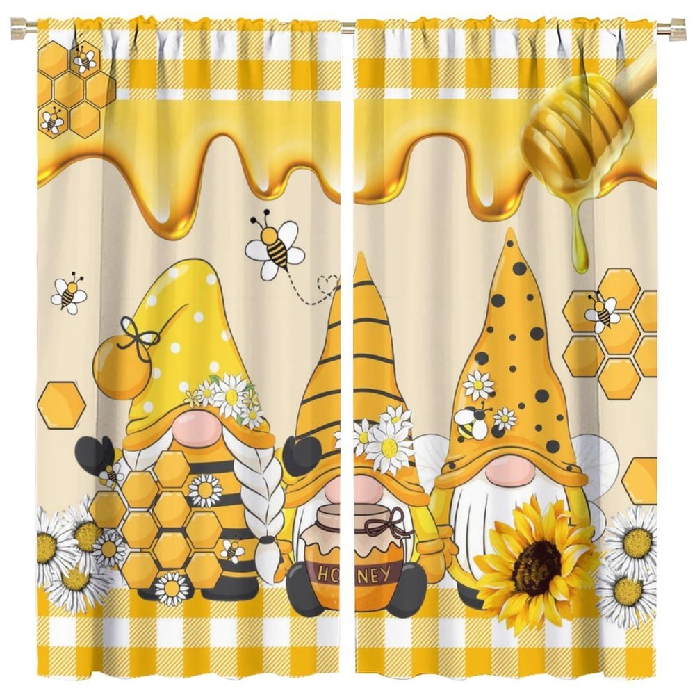 SENQIAN Spring Gnome Bee Curtains Cartoon Yellow Flower Honey Art Printed Rod Pocket Blackout Window Drapes for Bedroom Living Room Kitchen Cafe Decor W42xL84in 2 Panels