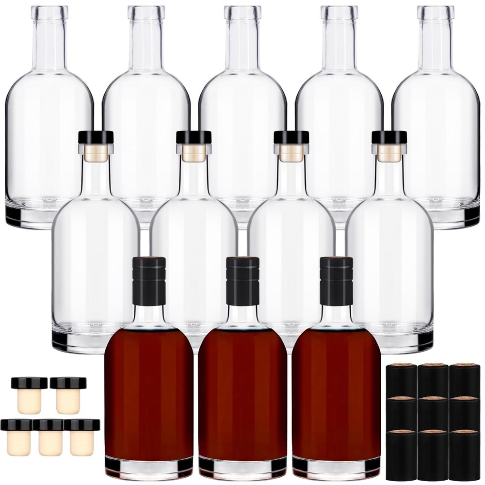 Liengoron Wine Bottle 12PCS 375 ML Glass Bottles with Lids 12 oz Clear Glass Bottles with Cork Empty Wine Bottle with Stopper for Beverages Drinks Beer Water Soda