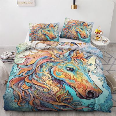 zcwl Horse Duvet Cover Queen Size | Fantasy Colorful Animal Bedding Set | 3 Piece | Soft Microfiber Patterned Comforter Cover with Zipper Ties & 2 Pillowcases | Horse Bedroom & Room Decor