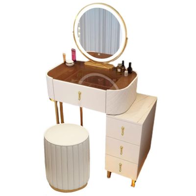 Vanity Set Makeup Dressing Table with Large Round Lighted Mirror, Glass Top, Vanity Table with 4 Drawers Sideboard and Cushioned Stool for Bedroom, Girls Women Gifts