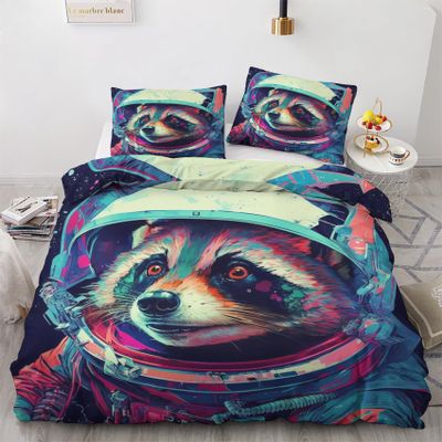 zcwl Astronaut Raccoon Duvet Cover Queen Size | Fantasy Space Animal Bedding Set | 3 Piece | Soft Microfiber Patterned Comforter Cover with Zipper Ties & 2 Pillowcases | Raccoon Bedroom & Room Decor
