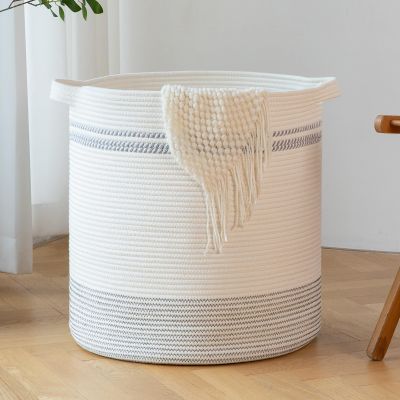OIAHOMY 80L Laundry Basket, Laundry Hamper, Cotton Rope Storage Basket with Handles, Decorative Woven Basket for Living Room,Storage Baskets for Clothes, Blankets, and Toys -20''18'', White&Gray
