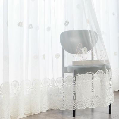 AZIMUZIXI Geometric Embroidered Sheer Voile Curtains with Scalloped Bottom Design,Polka Dot Decorative Floral Sheer Window Treatment Set of 2 Curtain Panels,Each Curtain 63 Inch Long,54 Inch Wide