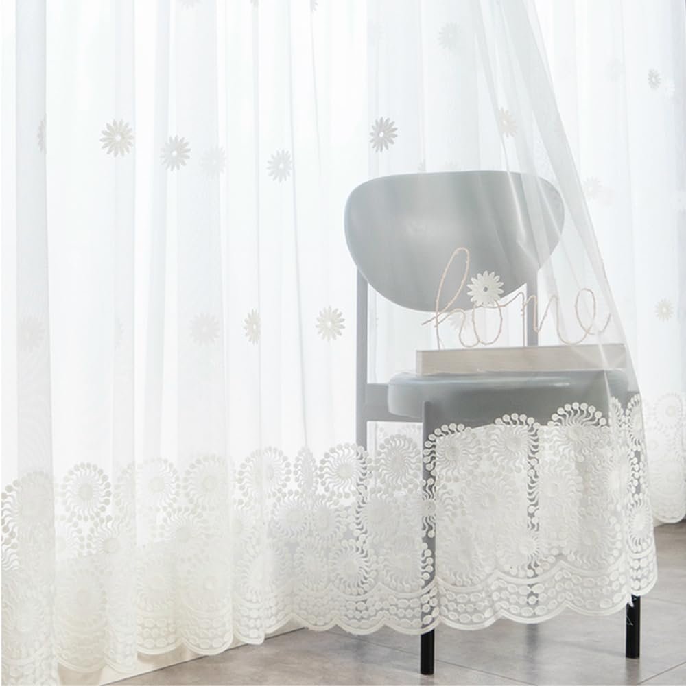 AZIMUZIXI Geometric Embroidered Sheer Voile Curtains with Scalloped Bottom Design,Polka Dot Decorative Floral Sheer Window Treatment Set of 2 Curtain Panels,Each Curtain 63 Inch Long,54 Inch Wide