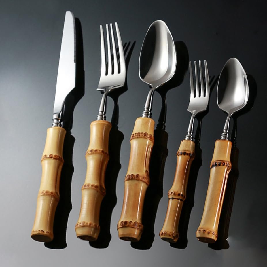 Bamboo Flatware Set, 80 Piece Bamboo Silverware Set for 16, Natural Bamboo Handle Cutlery Utensils, Hand Crafted Bamboo Dinnerware Tableware Set, Mirror Finished (80-Piece for 16)