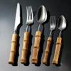 Bamboo Flatware Set, 80 Piece Bamboo Silverware Set for 16, Natural Bamboo Handle Cutlery Utensils, Hand Crafted Bamboo Dinnerware Tableware Set, Mirror Finished (80-Piece for 16) view 1