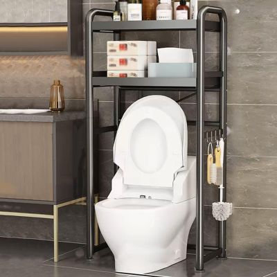 Bathroom Organizer, over Toilet Shelf Storage Cabinet, Carbon Steel Material, with Pull-out Mesh Basket, Adjustable Non-slip Feet, Retractable Stand-alone Toilet Shelf ( Color : Black , Size : 2 LAYER