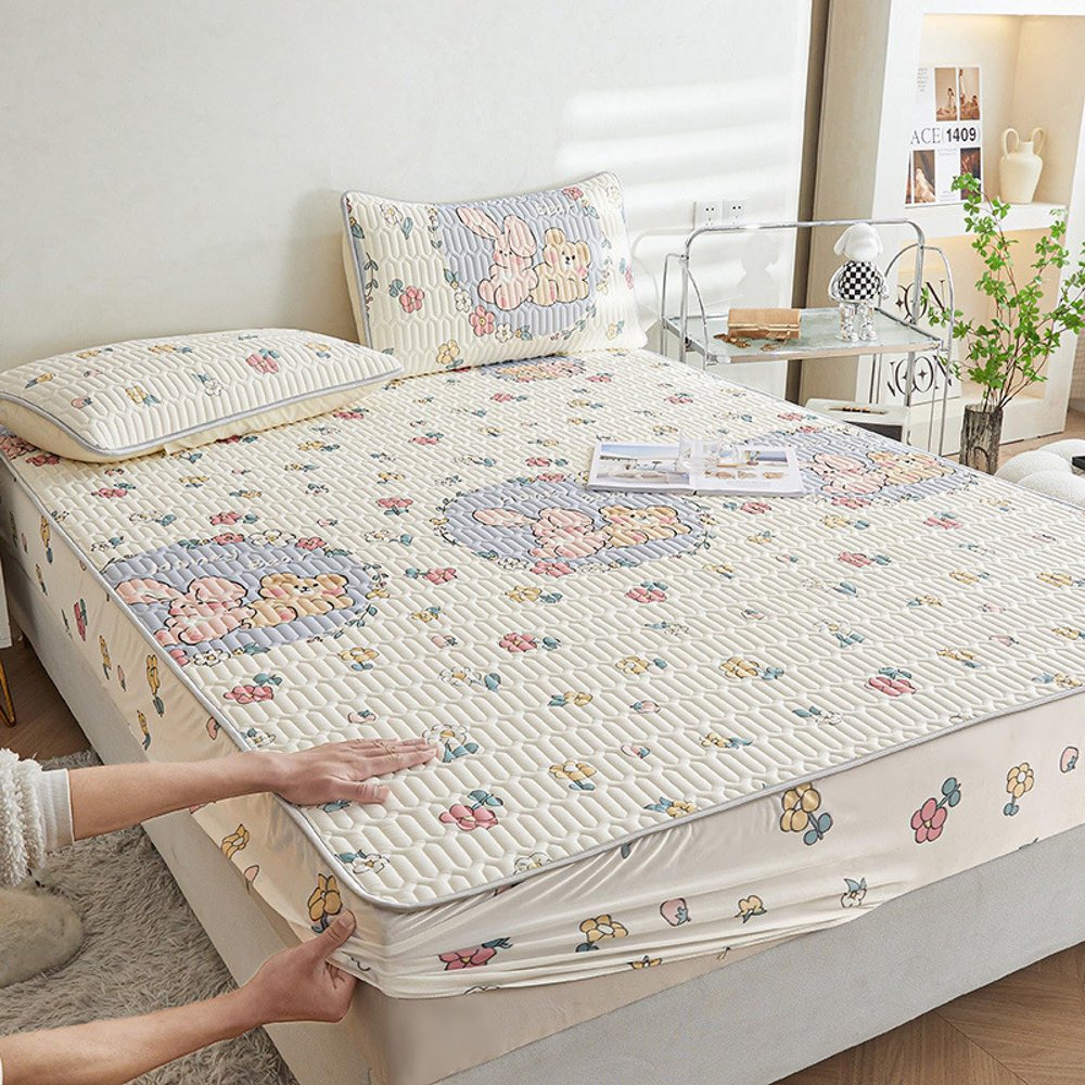 FCLDESHOP Standard Mattress and Air Bed Mattress Sheet,Summer Dormitory Thickened Latex Fitted Sheet, Cartoon Printed Box Spring Mattress Protector Pillowcase,Flower,180 * 200cm (3pcs)