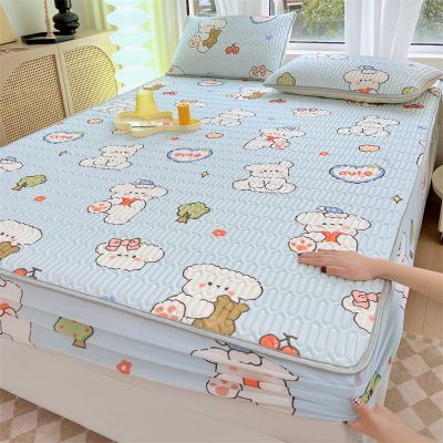 FCLDESHOP Fitted Deep Pocket Sheet,Cartoon Print Thickened Latex Mattress Topper, Bedroom Guest Room Homestay Non-Slip Bedding Sheets Pillowcase,Dog,150 * 200cm (3pcs)