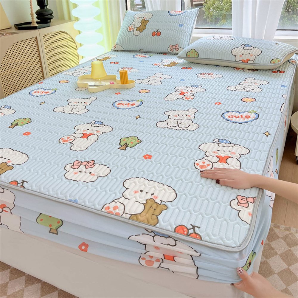 FCLDESHOP Fitted Deep Pocket Sheet,Cartoon Print Thickened Latex Mattress Topper, Bedroom Guest Room Homestay Non-Slip Bedding Sheets Pillowcase,Dog,150 * 200cm (3pcs)
