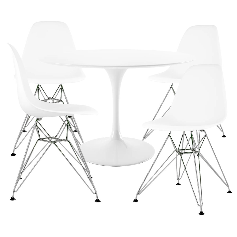 Aron Living Tower Set of Four Dining Chairs, White and Rose 48" Round Fiberglass Dining Table