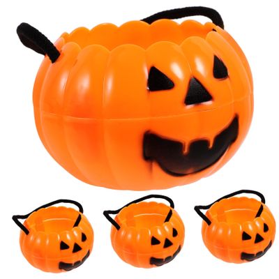 Alasum 4pcs Detachable Pumpkin Bucket Portable Lantern Round Plastic Tub Plastic Candy Bags Pumpkins Basket Orange Pumpkin Bucket Halloween Goodie Box Snack Storage Buckets Tote Bag