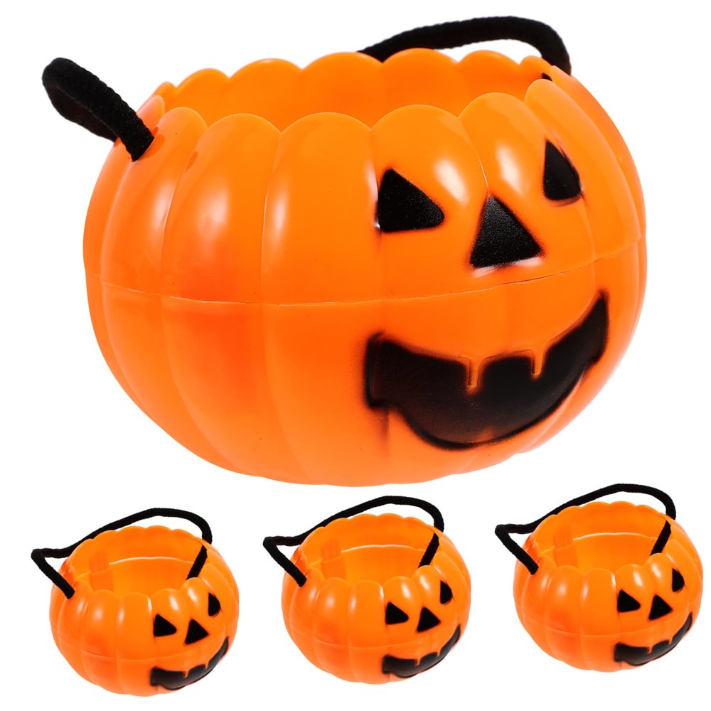 Alasum 4pcs Detachable Pumpkin Bucket Portable Lantern Round Plastic Tub Plastic Candy Bags Pumpkins Basket Orange Pumpkin Bucket Halloween Goodie Box Snack Storage Buckets Tote Bag