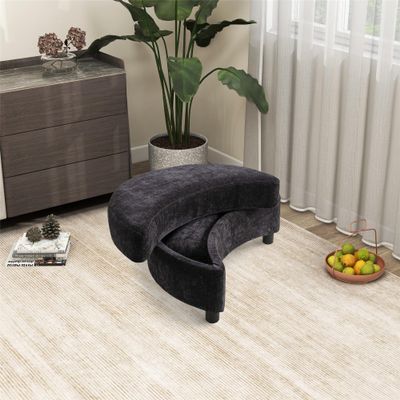 32.7" W Upholstered Half Crescent Moon Storage Bench Large Ottoman With Tray Serve As Side Table Soft Padded Seat Dressing Shoe Bench Foot Rest For Living Room, Entryway, Hallway (Black Chenille)