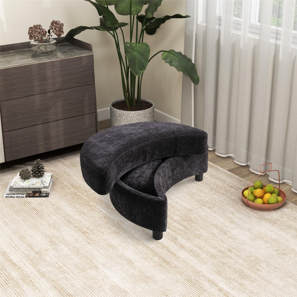 32.7" W Upholstered Half Crescent Moon Storage Bench Large Ottoman With Tray Serve As Side Table Soft Padded Seat Dressing Shoe Bench Foot Rest For Living Room, Entryway, Hallway (Black Chenille)